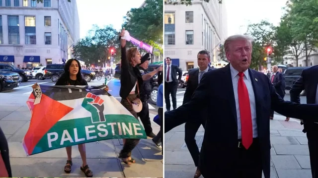 abd baskani donald trump gittigi restorandan neye ugradigini sasirdi bir kume aktivist filistin bayraklariyla IFVbkhms.webp