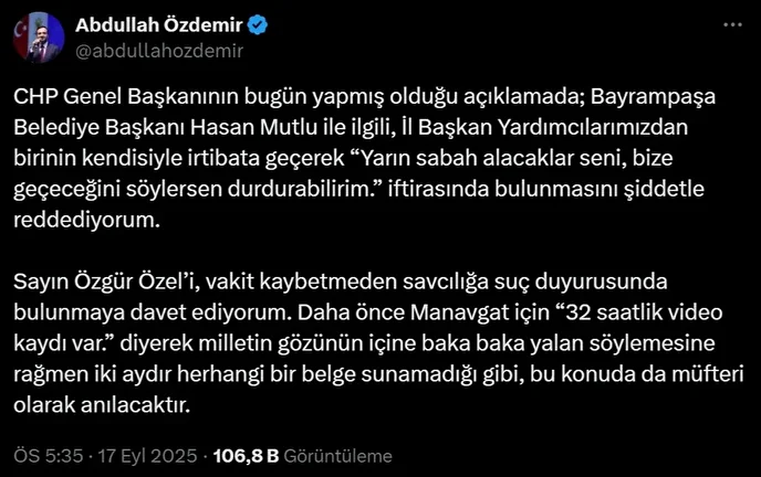 AK Parti İstanbul Vilayet Lideri Özdemir'den Özel'e yalanlama: Vakit kaybetmeden hata duyurusunda bulunsun 1 ak parti istanbul vilayet lideri ozdemirden ozele yalanlama vakit kaybetmeden hata duyurusunda bulunsun 0 DGNIEnCw
