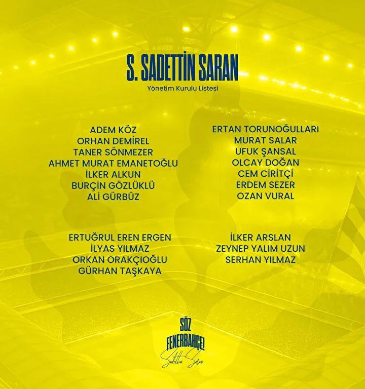 Fenerbahçe Kulübü Lider Adayı Sadettin Saran'ın yönetim kurulu listesi belirli oldu: Hakan Bilal Kutlualp listede yer aldı mı? 6 fenerbahce kulubu lider adayi sadettin saranin yonetim kurulu listesi belirli oldu hakan bilal kutlualp