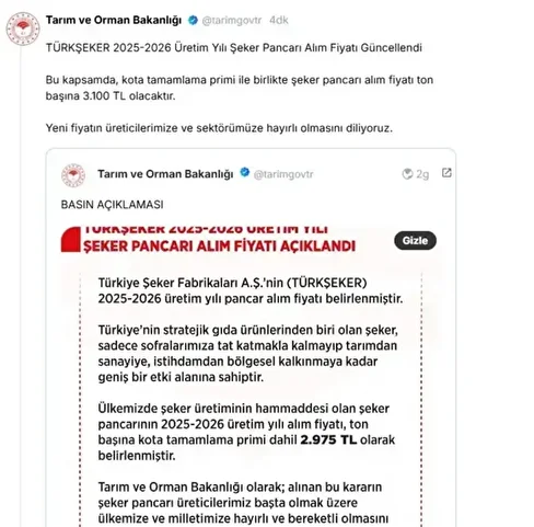 Bakanlıktan yeni açıklama: Şeker pancarı alım fiyatı güncellendi! Şeker pancarı alım fiyatı ne kadar oldu? 1 bakanliktan yeni aciklama seker pancari alim fiyati guncellendi seker pancari alim fiyati ne kadar myV697A5