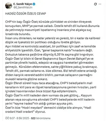 MHP'li Yalçın'dan Özgür Özel'e sert karşılık: Tehdit bize sökmez, geçersiz yiğitliklere pabuç bırakmayız 2 mhpli yalcindan ozgur ozele sert karsilik tehdit bize sokmez gecersiz yigitliklere pabuc birakmayiz 1 pccFMXfS
